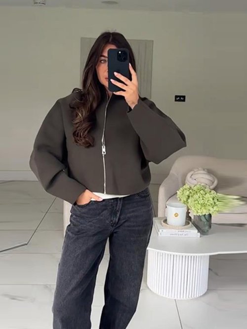 Imagen de Cárdigan Corto de Punto Liso para Mujer, Abrigo Holgado con Solapa y Cremallera, Estilo Informal de Manga Larga, Prenda de Moda para el Trabajo Diario 2025