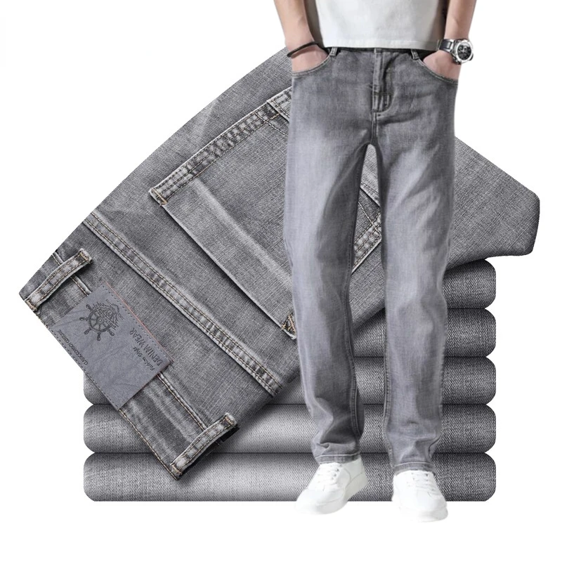 Image of Men's Grey Cotton Stretch Straight Fit Jeans – Lightweight Business Casual Denim for Spring and Summer