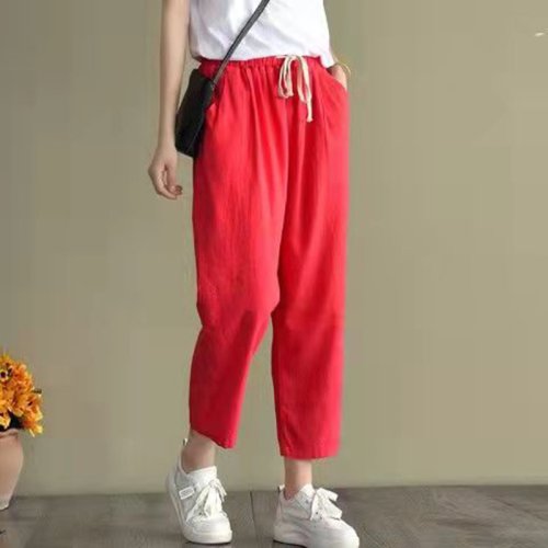 Immagine di Pantaloni da Donna in Cotone e Lino Tinta Unità: Stile Harem Vintage, Vita Alta con Coulisse, Taglio Largo e Casual per un Look Streetwear Moderno