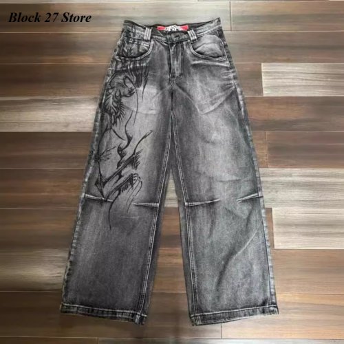 Immagine di Jeans Uomo Y2K Vintage Streetwear Nero e Grigio con Stampa Astratta, Gamba Larga, Lavaggio Distressed, Taglio Ampio, Moda Punk Dark