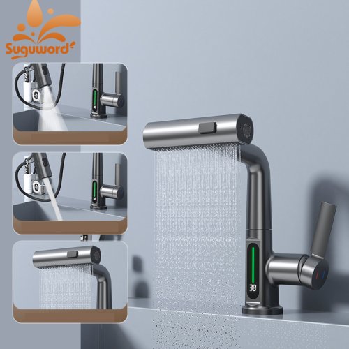 Image of Smart Digital Display Basin Faucet with 3-Function Pull-Out Waterfall Spout, Deck Mount Hot and Cold Water Mixer, Liftable Sink Crane Tap