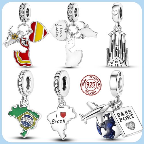 Immagine di 925 Sterling Silver Spagna Brasile Stati Uniti Cile Nome del paese Charms Fit Bracciale originale Perline per gioielli da donna