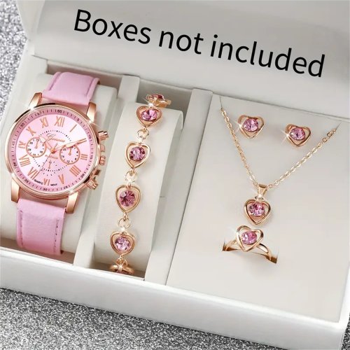 Image of 6PCS/Set Fashion Women's Quartz Watch Leather Band Analog Wrist Watches Heart Rhinestone Jewelry Set(Without Box)
