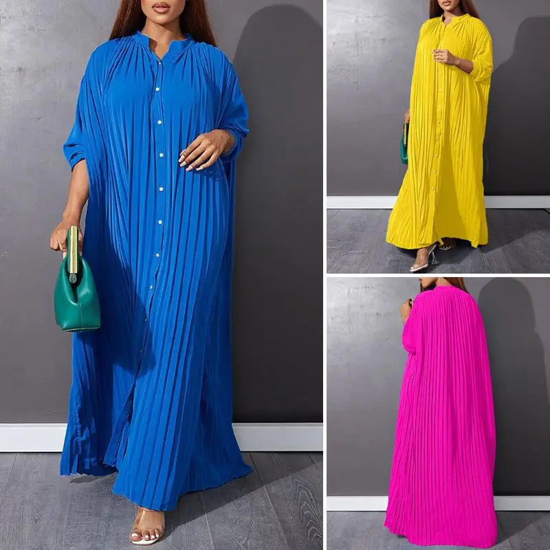 Afbeelding van Vrouwen Eid Moslim Jurken Opstaande Kraag Single Breasted Dubai Arab Vestidos Ramadan Casual Losse Kaftan Jurk Effen Geplooid