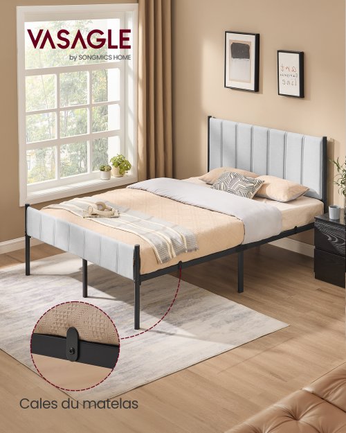 Image of Double Bed Frame, 140 x 190 cm, with Upholstered Headboard, Steel, Supports up to 500 kg, Easy Assembly, Dove Grey/Beige