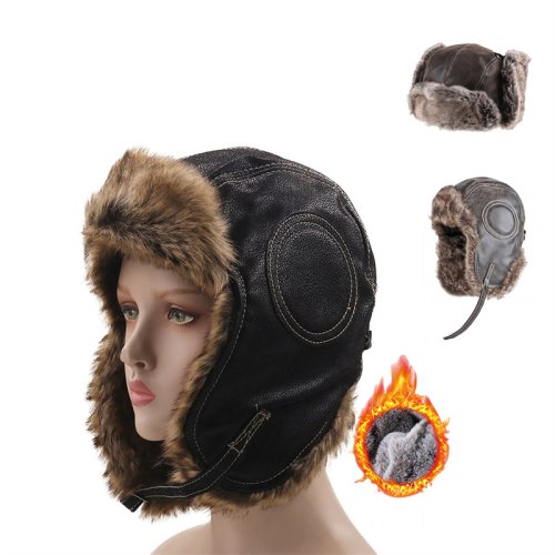 Zdjęcie Unisex Winter Ushanka Hat Trapper Aviator Trooper Earflap Warm Faux Fur Leather Waterproof Ski Hat Bomber Cap Ear Protectors Hat