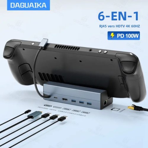 Imagen de Estación de Acoplamiento 6 en 1 para Steam Deck y ROG Ally 2023 con 3 Puertos USB 3.0, Salida HDMI 4K a 60 Hz, Ethernet Gigabit y Carga PD de 100W