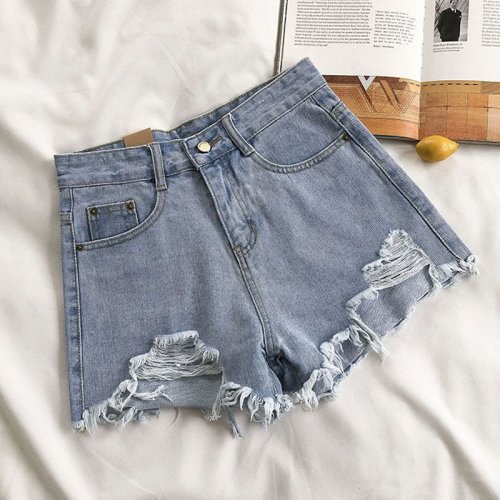 Immagine di Pantaloncini di Jeans estivi Lucyever donna moda coreana fori strappati Jeans corti a vita alta donna Casual Street pantaloni corti a gamba larga