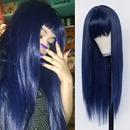 Image de Perruque Bleue Synthétique à Frange - Tendance & Résistante à la Chaleur