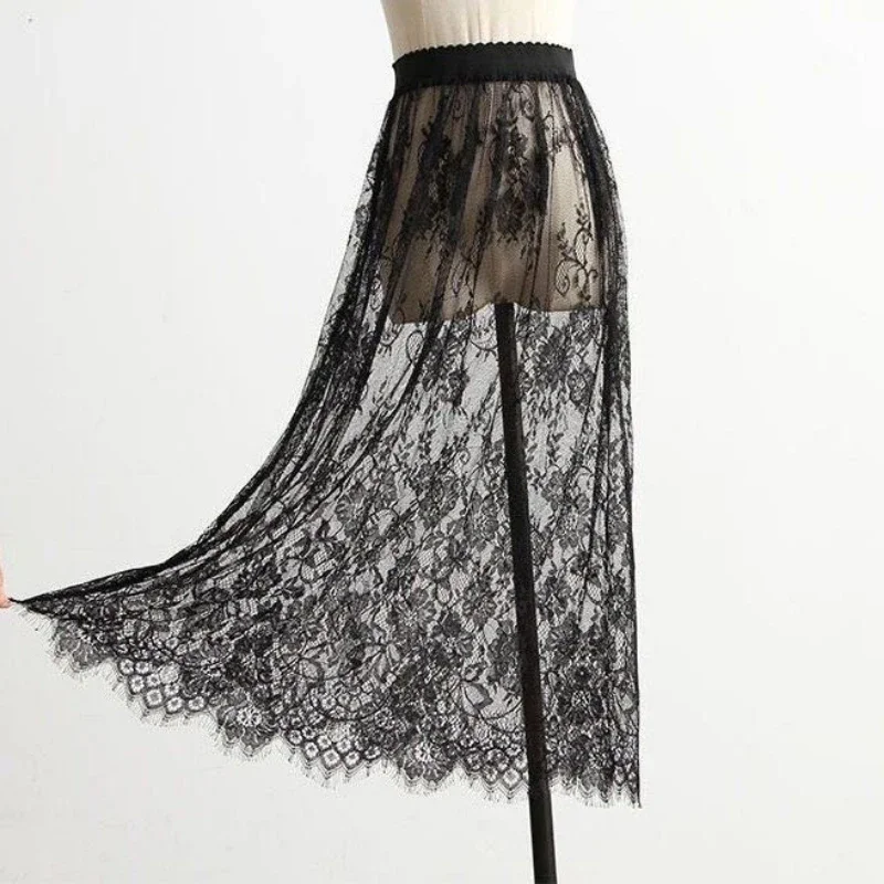 Image of Elegant High-Waisted Transparent Lace Mesh Mini Skirt with Elastic Waistband in Black and White – Korean Fashion Tulle Skirt for Women