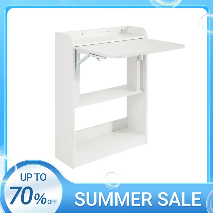Image de Table de bureau pliante murale avec étagères - Idéale pour le home office