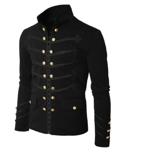 Image of Men's Vintage Military Gothic Parade Jacket with Embroidered Buttons and Zipper Closure – Solid Color Retro Uniform Outerwear
