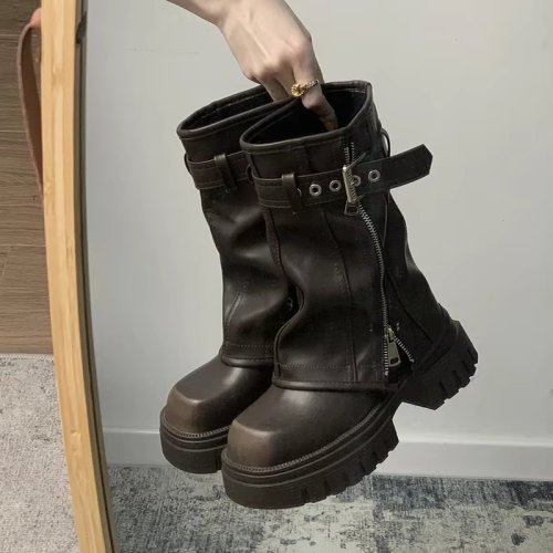 Imagen de Botas de Motociclista de Invierno para Mujer con Plataforma y Hebilla de Cinturón - Estilo Urbano y Elegante