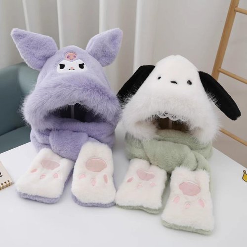 Zdjęcie Zimowy, ciepły i wiatroodporny zestaw Sanrio Kuromi – czapka, szalik i rękawiczki, urocza puszysta czapka z motywem anime, idealny prezent dla fanów Sanrio