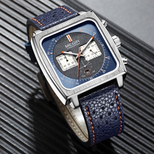 Image of Men's Fashion Chronograph Quartz Watch with Blue Leather Strap, Date Display, 24-Hour Format, Casual Sport Wristwatch Model 2182