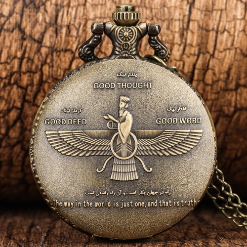 Bild von Retro Bronzefarbene Taschenuhr mit Religiösem Anhänger – Elegantes Geschenk für Männer