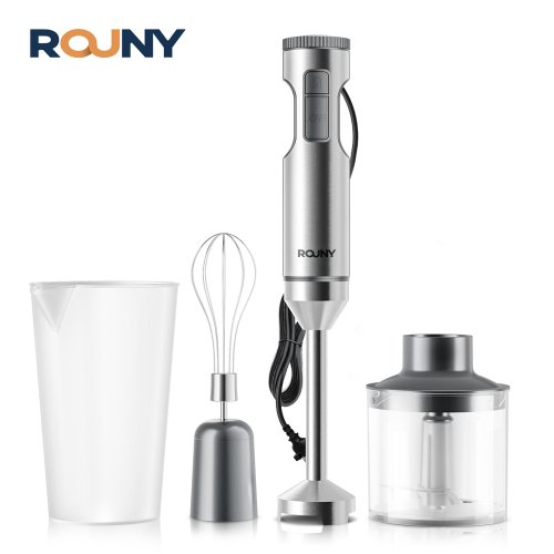 Immagine di Frullatore Ad Immersione 4 in 1 Rouny da 1000 W con Bastoncino in Acciaio Inox, Vaso da 700 ml e Robot da Cucina da 500 ml – Potente e Multifunzione per la Tua Cucina