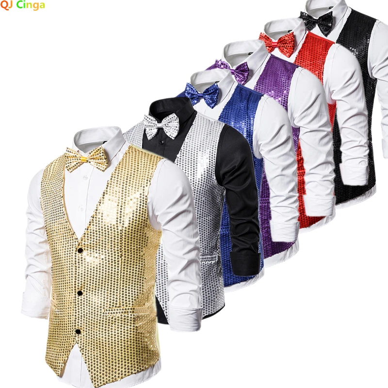 Imagen de Chaleco de Lentejuelas Dorado para Hombre, Sin Mangas con Cuello en V y Hilera de Botones, Ideal para Bodas, Fiestas y Eventos Elegantes en Colores Plateado, Azul, Morado y Rojo