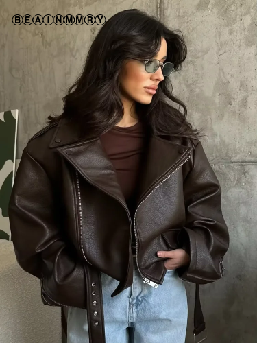 Imagen de Chaqueta Corta de Cuero Negro con Cordones para Mujer, Abrigo Holgado con Solapa y Cremallera, Manga Larga con Botones, Ropa de Abrigo Diaria Estilo Casual 2025