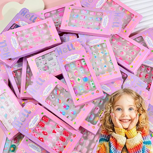 Immagine di 24 Pz/scatola Unghie Per Bambini per la Ragazza Modello Del Fumetto Unghie Finte Carino Bambino Unghie Finte Punte Kawaii Acrilico Artificiale Presse sull'unghia + Strumento