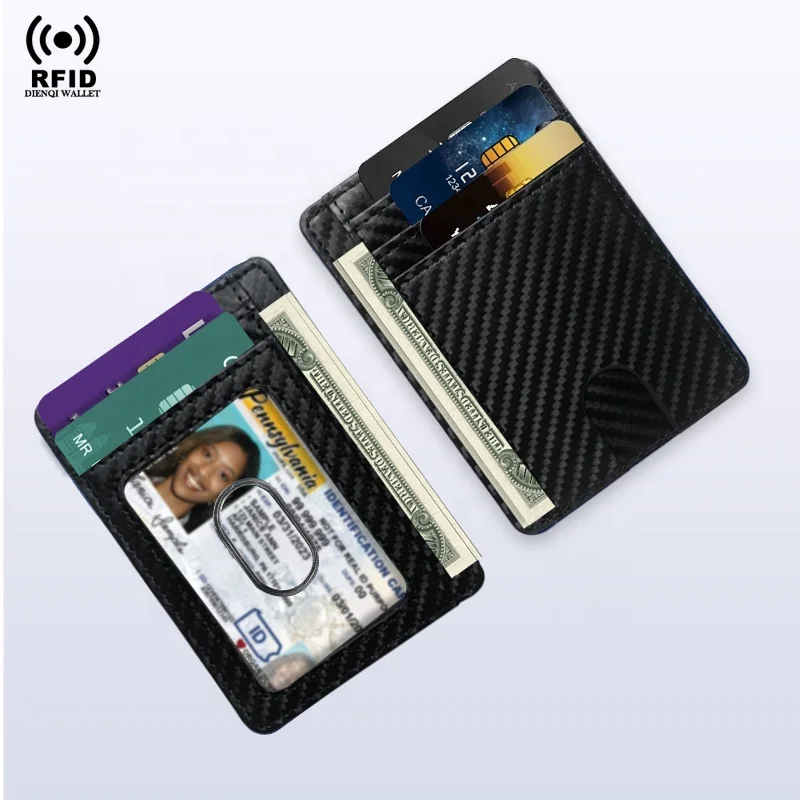 Image of Slim Carbon Fiber RFID Blocking Wallet with PU Leather - Minimalist Ultra-Thin Credit Card Holder for Men