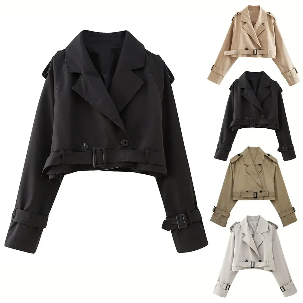 Imagen de Chaqueta Recortada de Manga Larga para Mujer, Gabardina con Cinturón, Color Sólido, Estilo Vintage Elegante, Ideal para Otoño