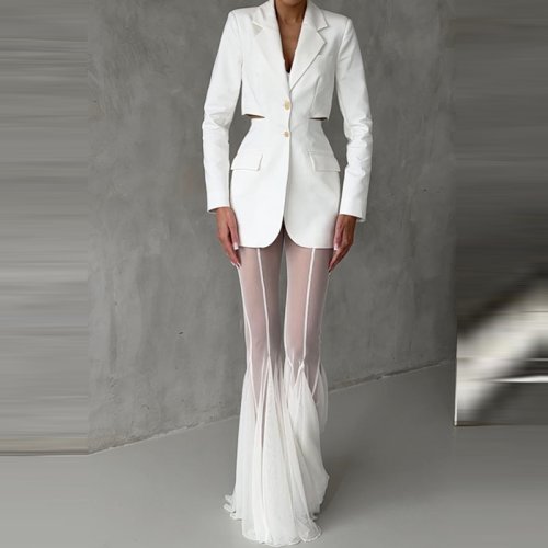 Immagine di Pantaloni dritti sottili eleganti a vita alta Pantaloni svasati in rete trasparente sexy per le donne Pantaloni lunghi estivi da pendolare solidi Mujer