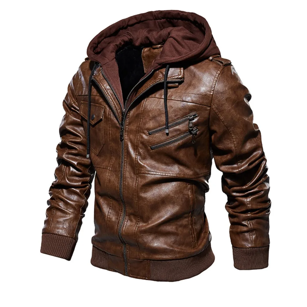 Image of Stylish Brown PU Leather Motorcycle Jacket for Men with Removable Hood – Premium Quality Spring and Autumn Coat in European Sizes