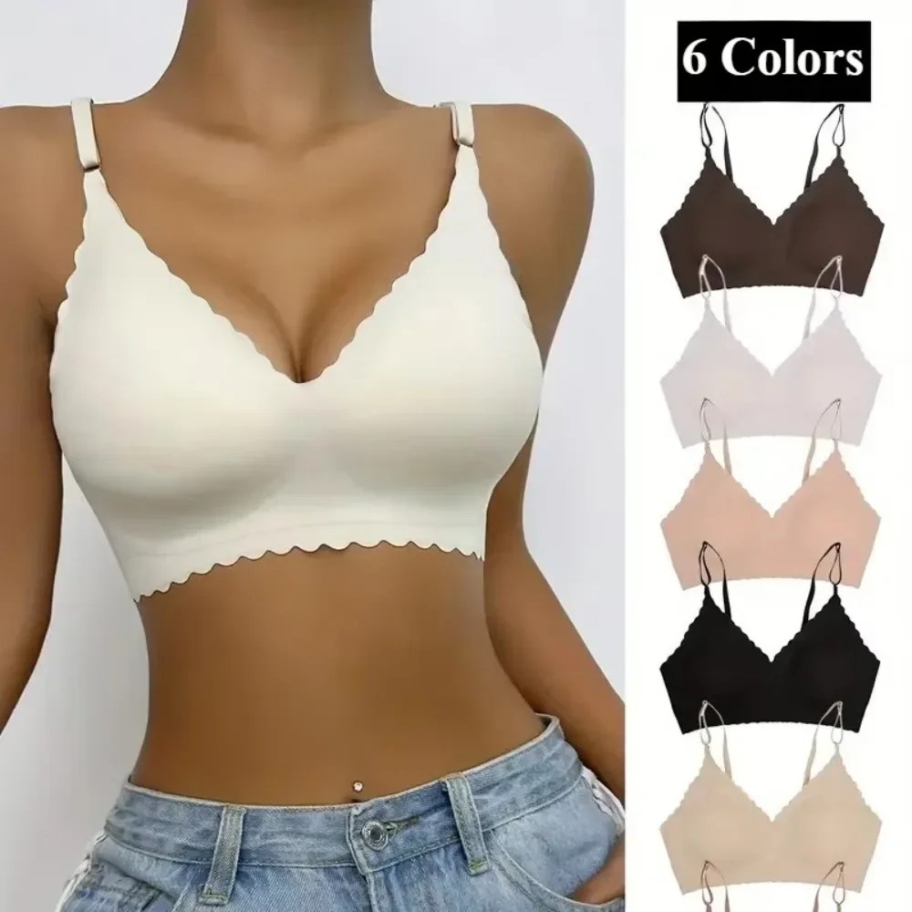 Image of Hot Sale 6 Colors New Ice Silk Underwear Comfy Bra WireFree Padded Wavy Edge Invisible Yoga Wear Ladies Bra Seamless Women Bra