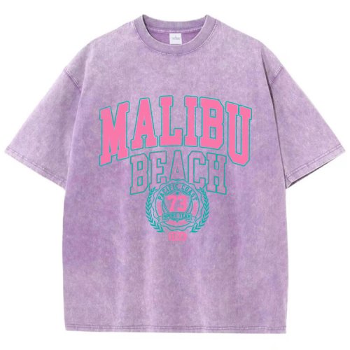 Zdjęcie Malibu Beach Washed T-Shirt Women Letter Printing Cotton T Shirt Comfortable Crewneck Tops Casual Oversized Tees Odzież damska