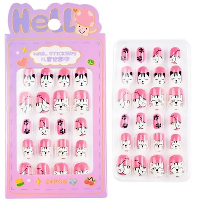 Image de Faux Ongles Kawaii pour Filles - 24 Pièces Motifs Dessin Animé