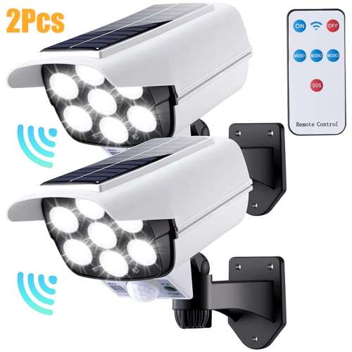 Imagen de Paquete de 1-2 luces LED con Sensor de movimiento Solar 77LED, cámara simulada para exteriores, luz de inundación de seguridad inalámbrica, lámpara impermeable para el jardín del hogar
