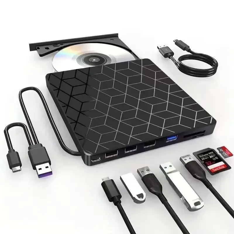Immagine di Lettore DVD Esterno USB 3.0 e Tipo C 7 in 1 - Registratore, Scrittore, Masterizzatore Ottico Portatile per Laptop, PC e Notebook