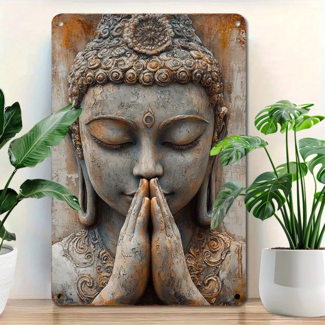 Immagine di Targa da Parete in Alluminio Vintage con Foglia Dorata Buddha - Decorazione Retro in Metallo per Casa e Giardino