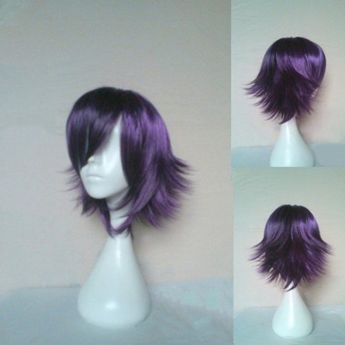 Image of Vibrant Purple and Black Short Curly Synthetic Wig for Cosplay, Parties, and Everyday Style – Lightweight, Heat-Resistant, Easy to Wear