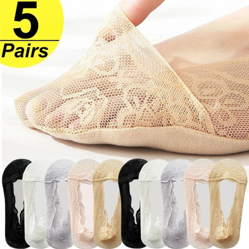 Bild von 5 Paar Unsichtbare Damen-Strumpfsocken aus Spitze – Transparente, Kurze No-Show Socken mit Silikon-Rutschschutz für Sommer & Boots