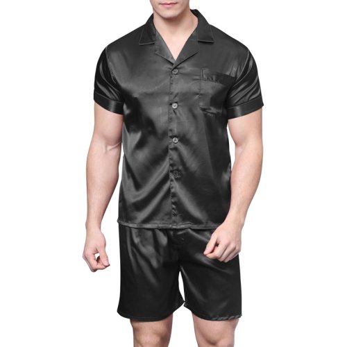 Afbeelding van Zachte Satijn Pyjama Set voor Mannen - Zomerse Rayon Zijde Nachtkleding met Korte Broek en Nachtjapon