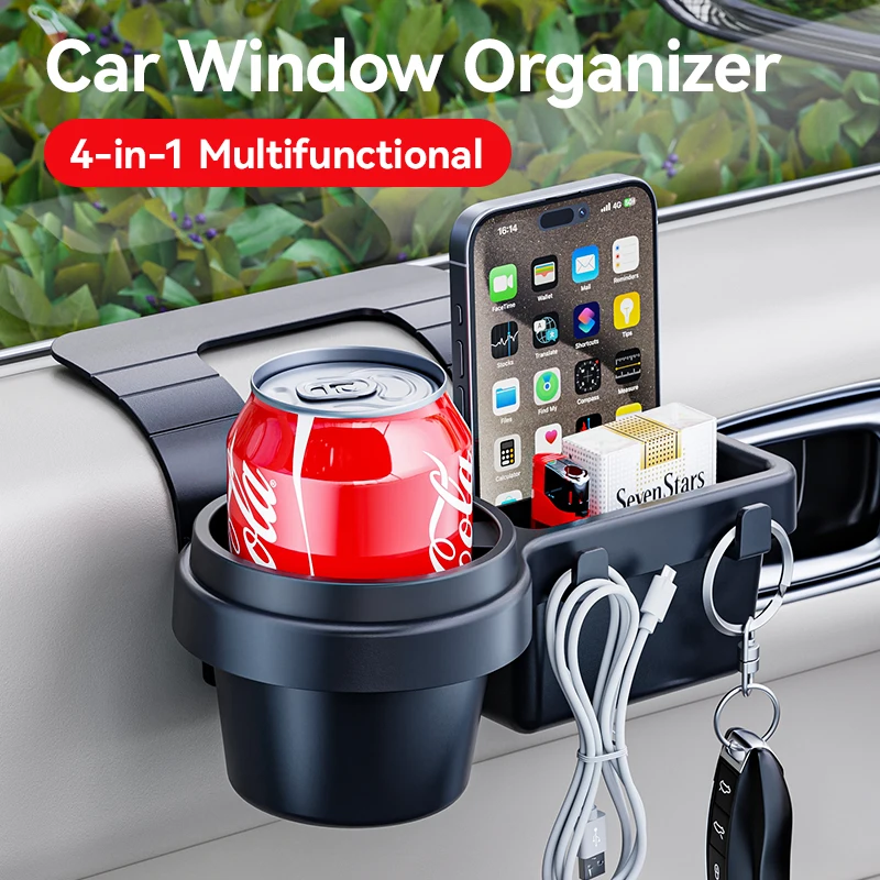 Imagen de Soporte para Taza de Coche con Soporte para Teléfono, Bandeja de Montaje para Puerta Lateral y Ventana, Barril de Almacenamiento con Bolsillo y Estante Colgante para Interior del Auto