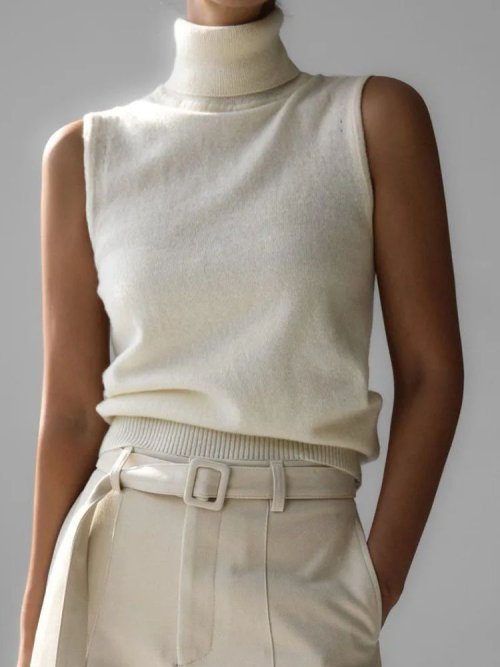 Imagen de Suéter Sin Mangas de Punto con Cuello Alto para Mujer - Top Caliente y Elegante en Blanco y Verde para Otoño e Invierno