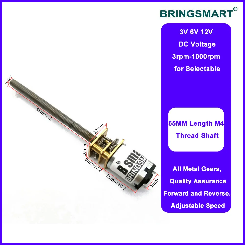Zdjęcie Bringsmart M4 55mm wał gwintowany silnik przekładniowy DC 3V 6V 12V 15/30/50/60/100/200/300/500/1000rpm Mini elektryczny reduktor śrubowy N20