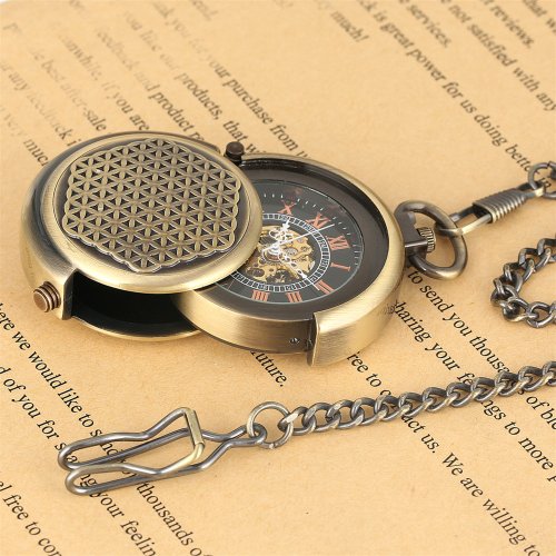 Imagen de Reloj de Bolsillo Mecánico de Bronce Steampunk con Cubierta Giratoria, Diseño Retro y Esfera con Números Romanos, Mecanismo Manual, Reloj Colgante para Hombre