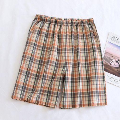 Afbeelding van Japanse zomer gewassen katoen enkele lijn groot raster herenshorts katoen eenvoudige spot thuis vijfpuntsbroek dunne pyjama