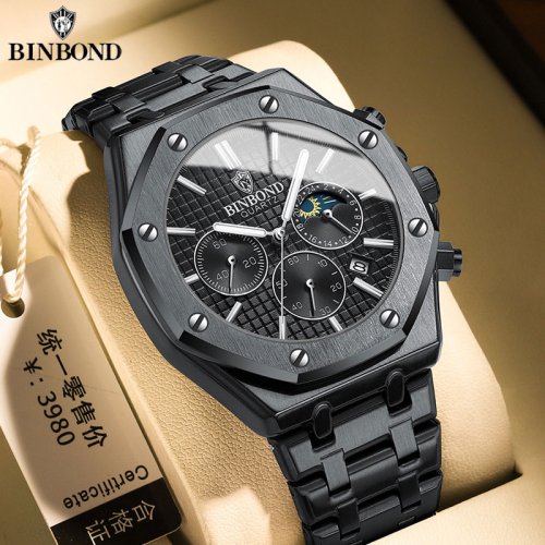 Bild von Binbond Herrenuhr Luxus Quarz Armbanduhr mit Edelstahlgehäuse, Wasserdicht, Leuchtzeiger und Datumsanzeige – Elegante Casual Uhr für Männer