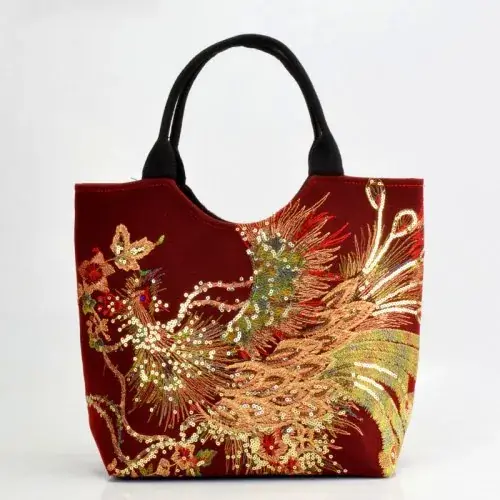 Image de Sac Éthnique Pailleté Brodé Paon - Style Vintage