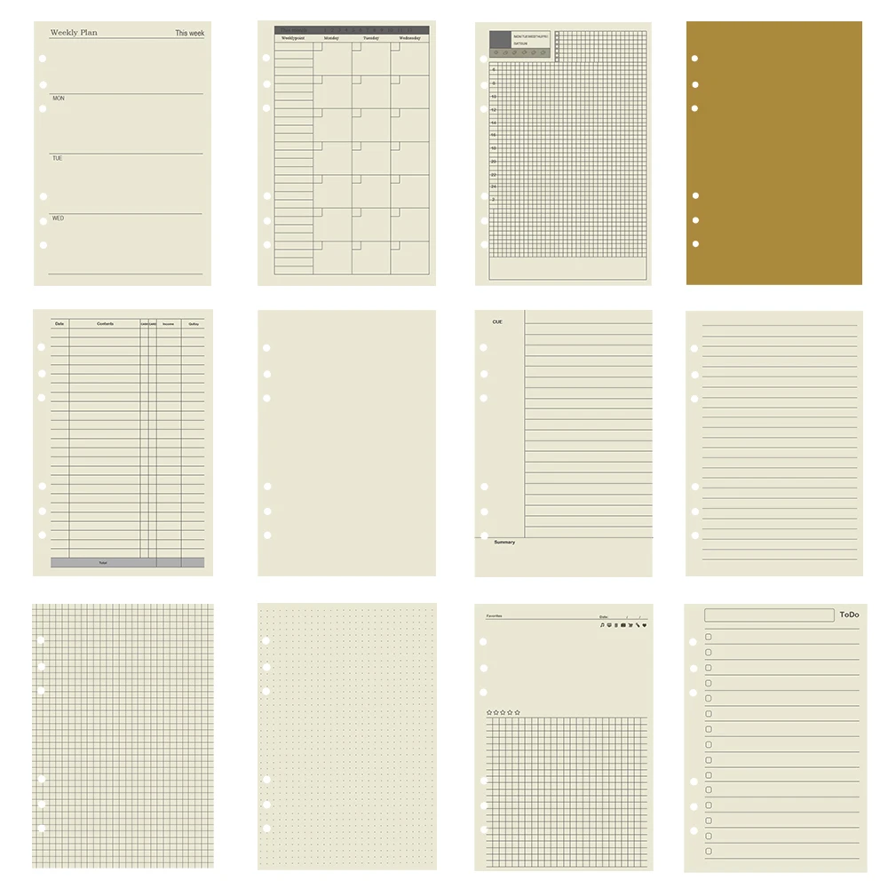 Image of 45-Piece A5, A6, A7 6-Ring Loose Leaf Notebook Refill Pages with Weekly, Monthly, To-Do Lists, Lined, Dot Grid Paper for Binder Organizers – Budget-Friendly Stationery for Students and Professionals