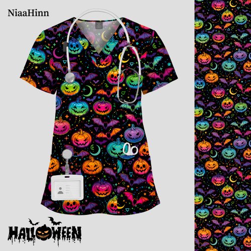Afbeelding van Unisex Scrub Tops met V-Hals en Dierenprint – Comfortabele Werkuniformen voor Verpleegkundigen, Dierenartsen en Medisch Personeel