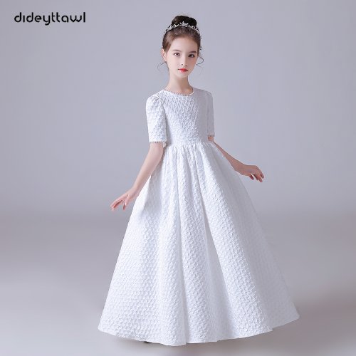Afbeelding van Elegante Witte Bladerdeegrok Jurk voor Bloemmeisjes – Korte Mouwen, Aangepaste Junior Bruidsmeisjesjurk voor Bruiloftsfeest en Concert
