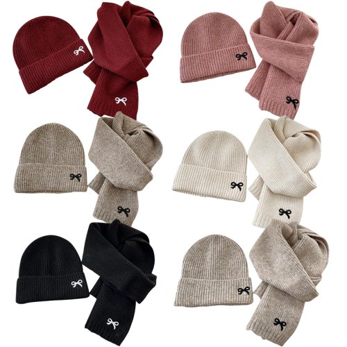 Bild von 2er Set koreanische Kinder Strickmütze mit Schal – Weiche, wärmende Beanie für Jungen und Mädchen mit niedlichem gesticktem Bogen, ideal für kalte Wintermonate
