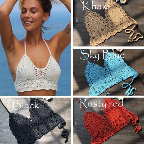 Zdjęcie Elegancki szydełkowy top bikini trójkątny w kolorze czarnym – seksowny i wydrążony biustonosz kąpielowy dla kobiet, dostępny w rozmiarach S, M, L, XL