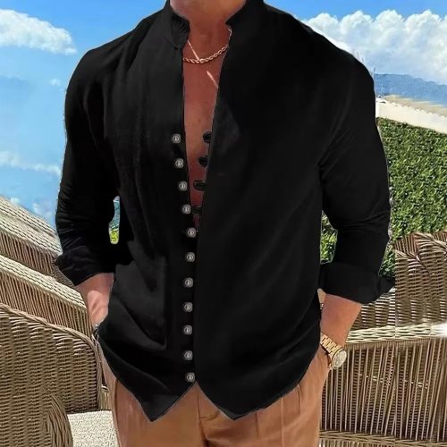 Bild von Herren Baumwoll-Leinen Hemd Langarm – Einfarbiges Button-Up Hemd im Casual-Stil für Frühling und Herbst, Plus-Größe
